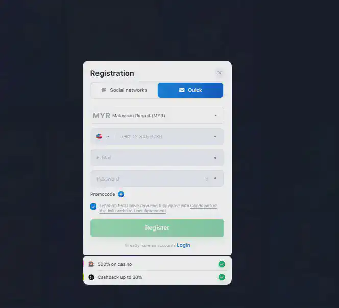 1win registration via phone email