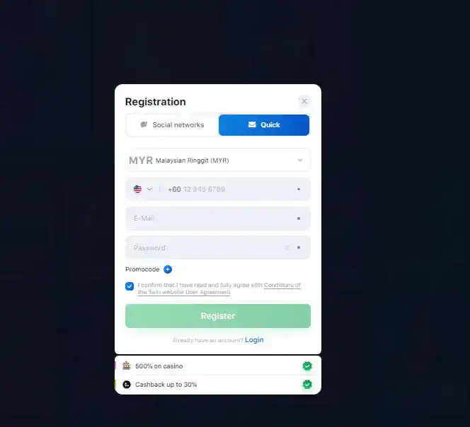 1win registration via phone email