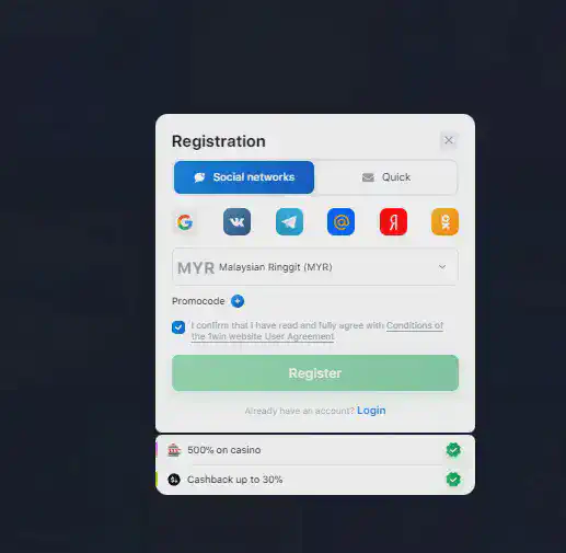1win registration via social media