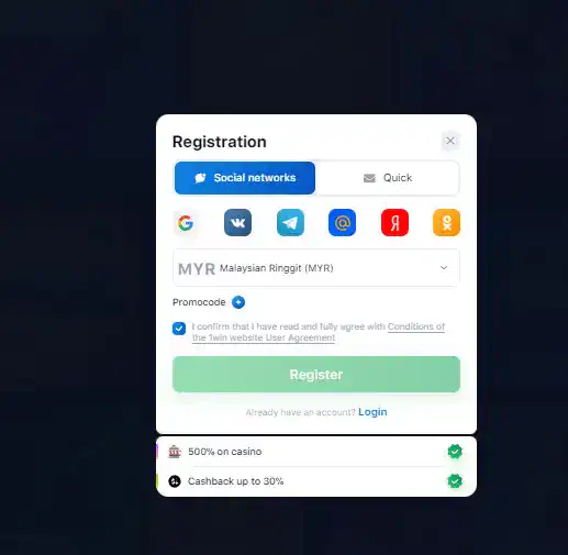 1win registration via social media