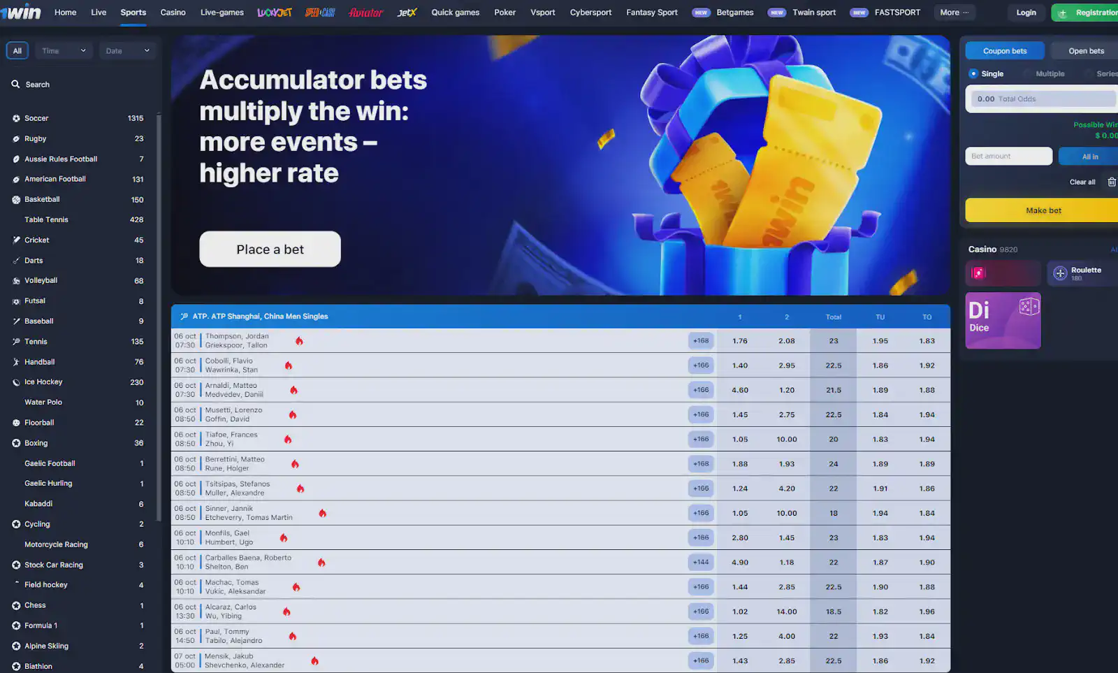1win bet types